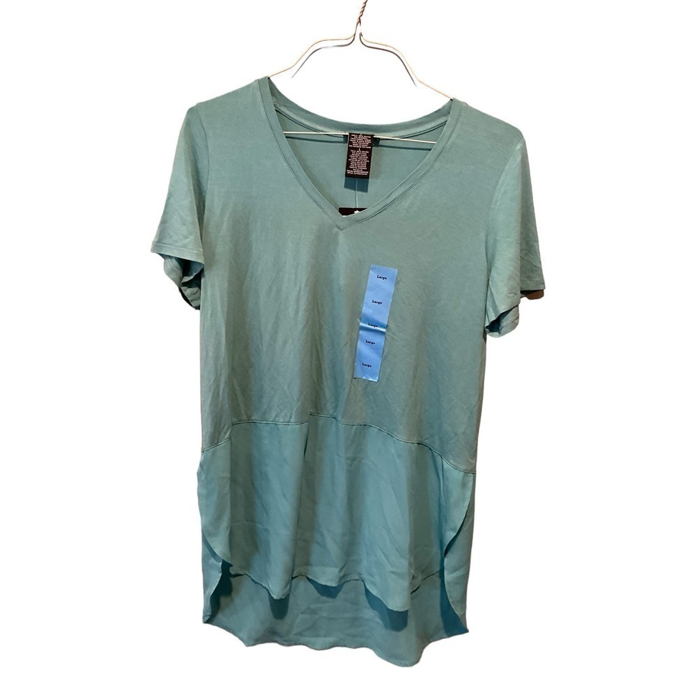 Premise Top Women's Large Teal Rayon V-Neck High Low‎ Hem Short Sleeve Pullover